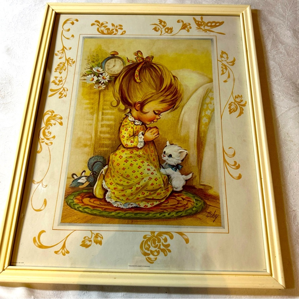 Vintage Stapco NY Print By Coby Girl Praying With Kitty Cat Kitten whimsy